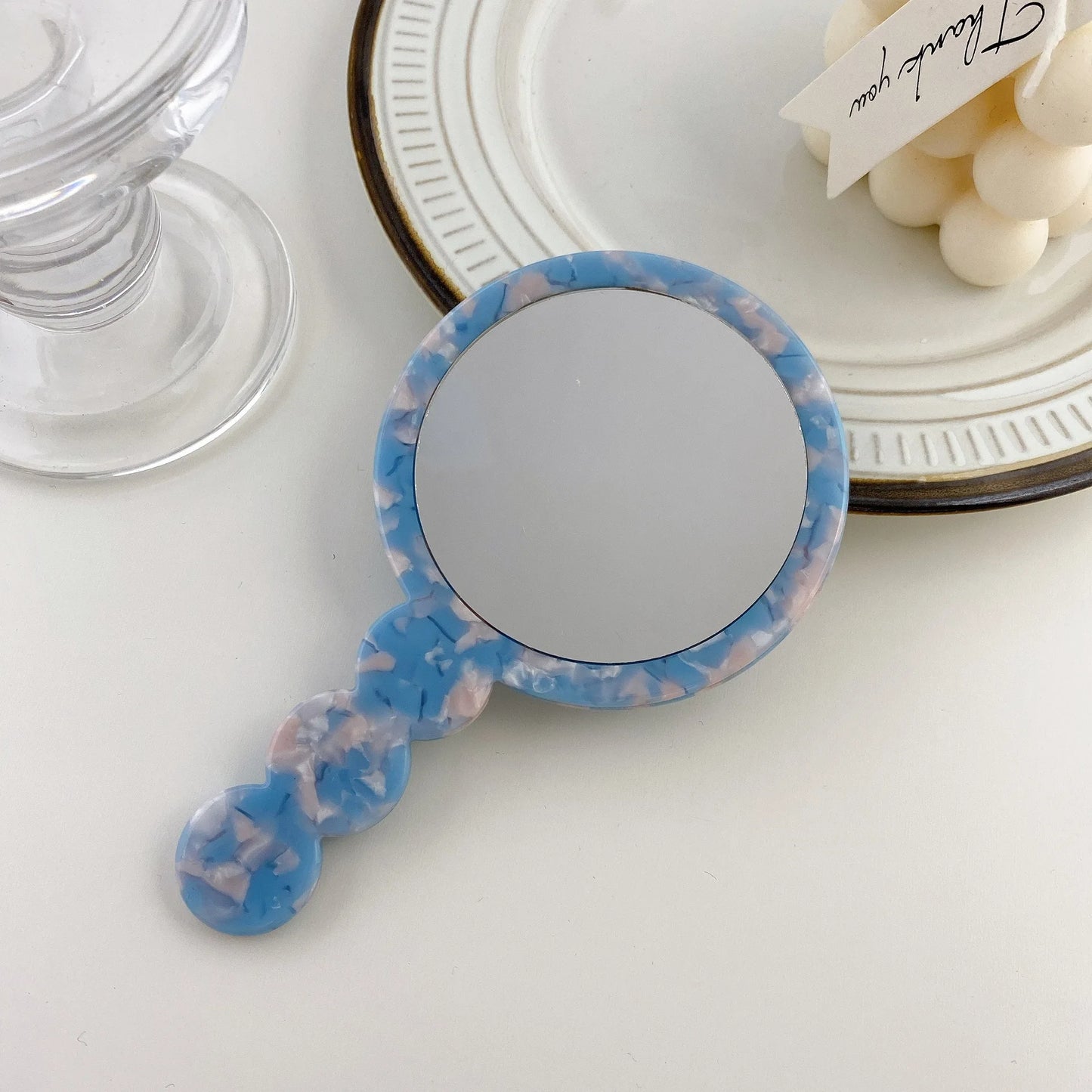 Zonyin High Quality Round Simple Design Acetate Travel HandHeld Makeup Mirror Portable Hand Held Pocket Handle Make-up Mirror