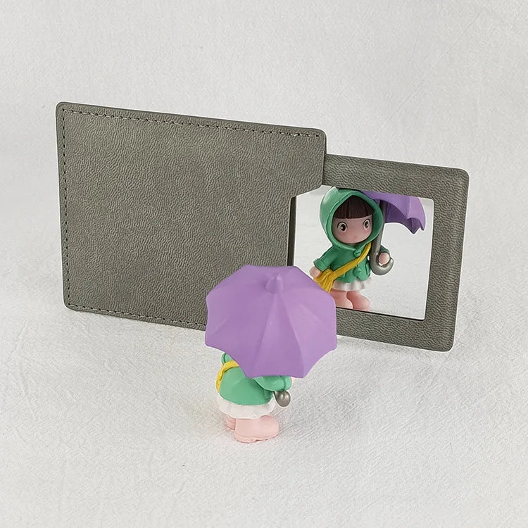 Zonyin High Quality Rectangle Pull-out Design Gray Pu Leather Makeup Mirror Low MOQ Embossed Logo Metal Mirror With Pu Case