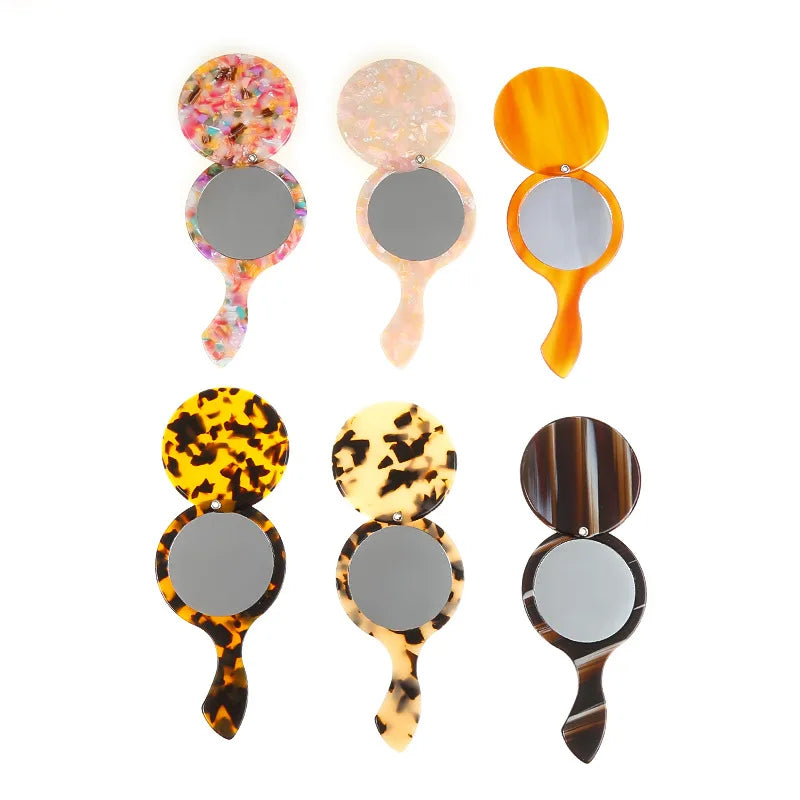 Zonyin Wholesale Custom Portable Handheld Makeup Small Mirror Leopard Pattern Round Rotary Cover Style Acetate Cosmetic Mirror