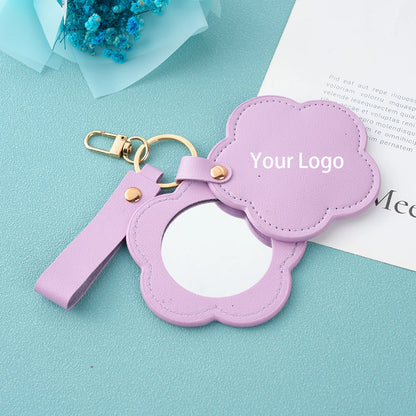 Zonyin New Flower Design Pocket Makeup Mirror Portable Pu Leather Small Travel Hand Mirror Logo Custom With Metal Keychain