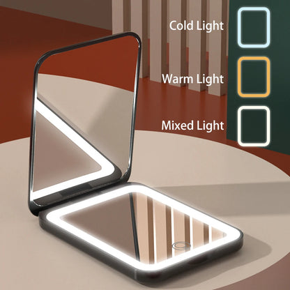 Zonyin Wholesale Portable Travel LED Light Makeup Mirror 1x/2x Magnifying USB Rechargeable Pocket Mirror for Customized Logo