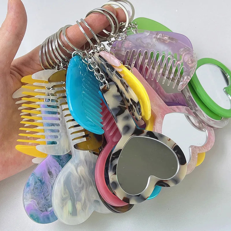 Zonyin 2in1Comb Mirror Set Multiple Colors Acetate Mini Heart Mirror Leopard Keychain Makeup Mirror Bag Pendant Accessories