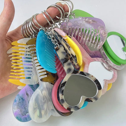 Zonyin 2in1Comb Mirror Set Multiple Colors Acetate Mini Heart Mirror Leopard Keychain Makeup Mirror Bag Pendant Accessories