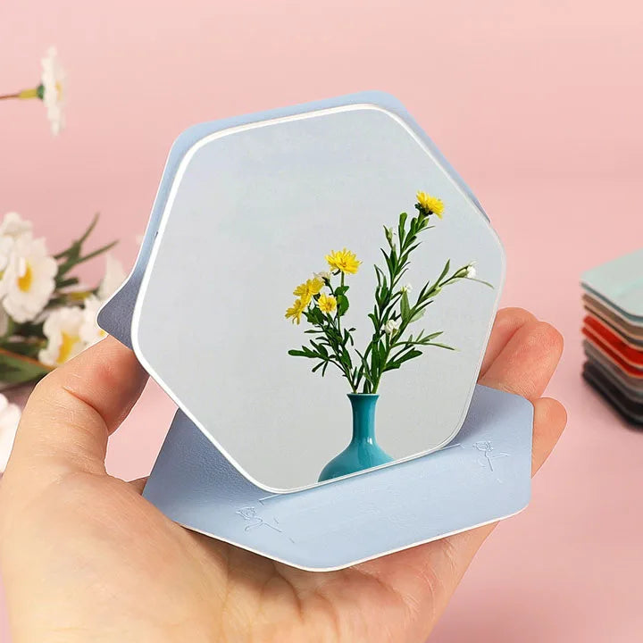 Zonyin New Hexagonal Shape Portable Desktop Small TravelMirror Custom Logo Folding PU Leather Pocket Standing Mirror for Women