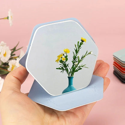Zonyin New Hexagonal Shape Portable Desktop Small TravelMirror Custom Logo Folding PU Leather Pocket Standing Mirror for Women