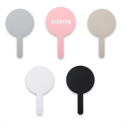 Zonyin Personalized Custom Logo Plastic Round Handle Makeup Mirror Portable Travel HandHeld Mirrors With Custom Size Color