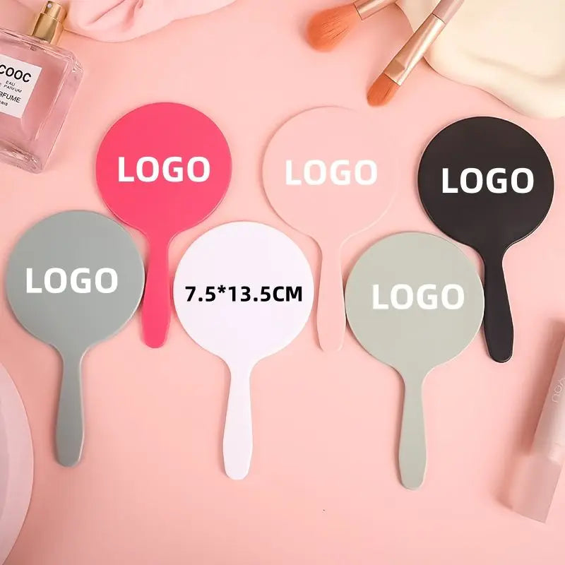 Zonyin Personalized Custom Logo Plastic Round Handle Makeup Mirror Portable Travel HandHeld Mirrors With Custom Size Color