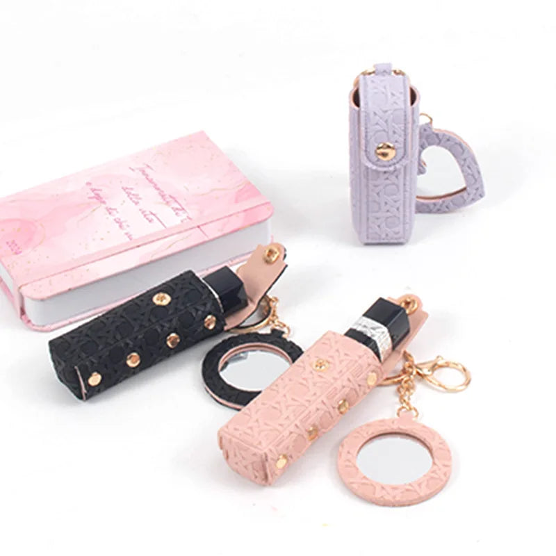 Zonyin New Arrive Pu Leather Small Makeup Mirror Mini Portable Leather Lipstick Holder Keychain for Women's Handbag Accessory