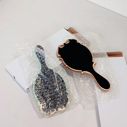 Zonyin European Style Vintage Resin Handheld Makeup Mirror Oval Shaped Rose Flower Carved Cosmetic Mirror for Women Lady Wedding