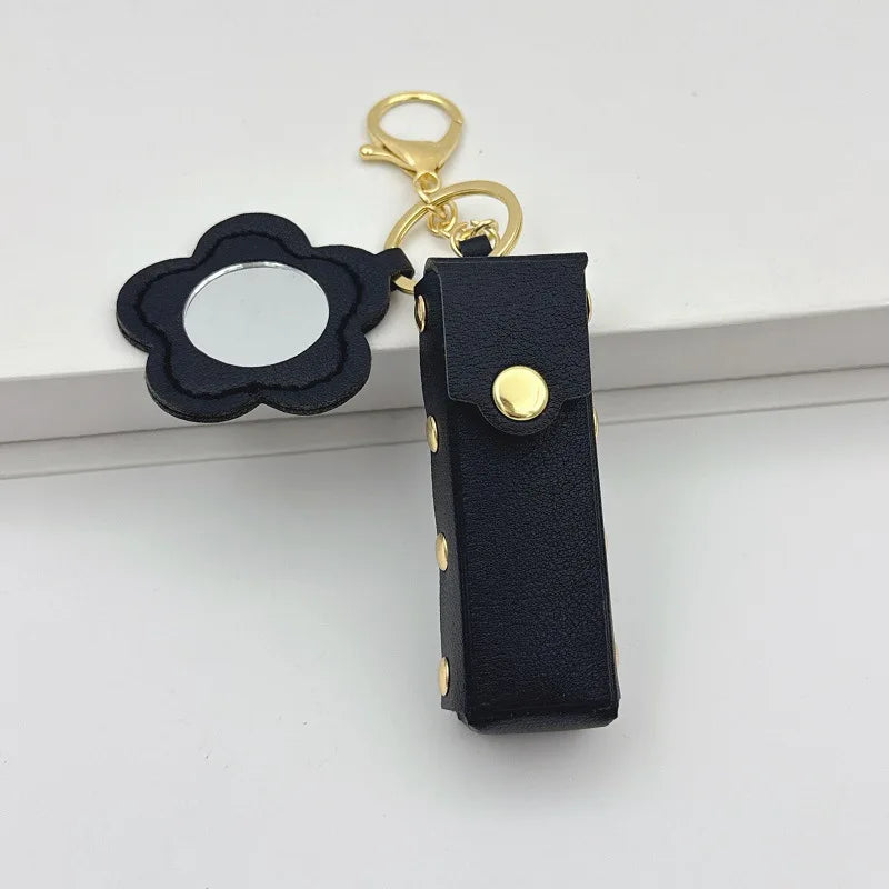 Zonyin PU Leather Flower Shaped Portable Mini Makeup Mirror With Lipstick Holder for Women Cosmetic Mirror Keychain  Accessories