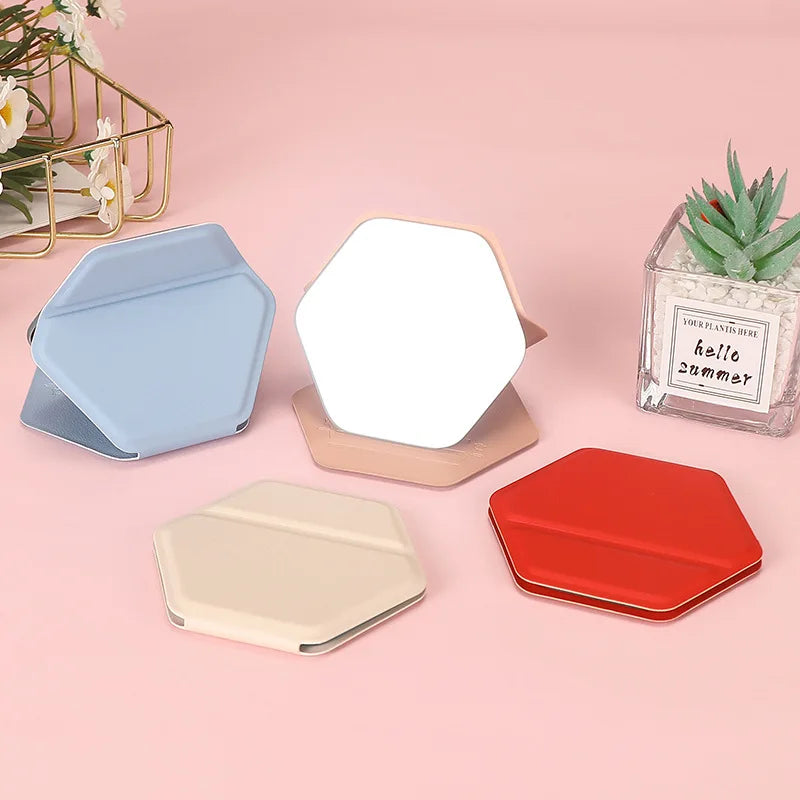 Zonyin New Hexagonal Shape Portable Desktop Small TravelMirror Custom Logo Folding PU Leather Pocket Standing Mirror for Women