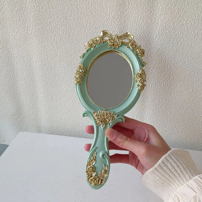 Zonyin European Style Vintage Resin Handheld Makeup Mirror Oval Shaped Rose Flower Carved Cosmetic Mirror for Women Lady Wedding