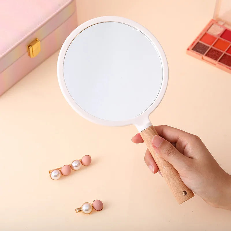Zonyin Portable Personalized Plastic Round Square Heart Shape Handheld Wood Handle Makeup Mirror Pocket Hand Mirror for Beauty