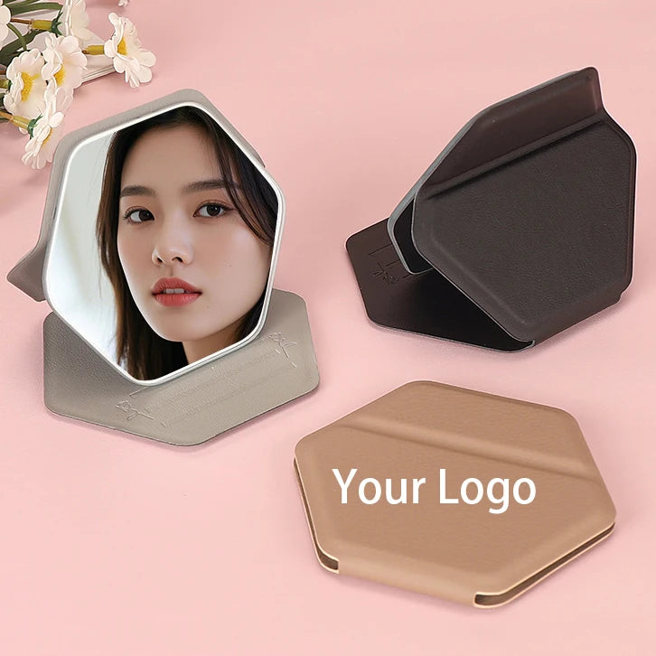Zonyin New Hexagonal Shape Portable Desktop Small TravelMirror Custom Logo Folding PU Leather Pocket Standing Mirror for Women