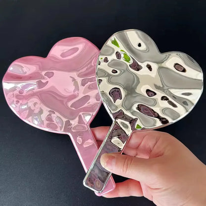 Zonyin Wholesale pink Heart Shape Handheld Makeup Mirror Portable Plating Water Ripple Vanity Cosmetic Mirror for Girl Custom