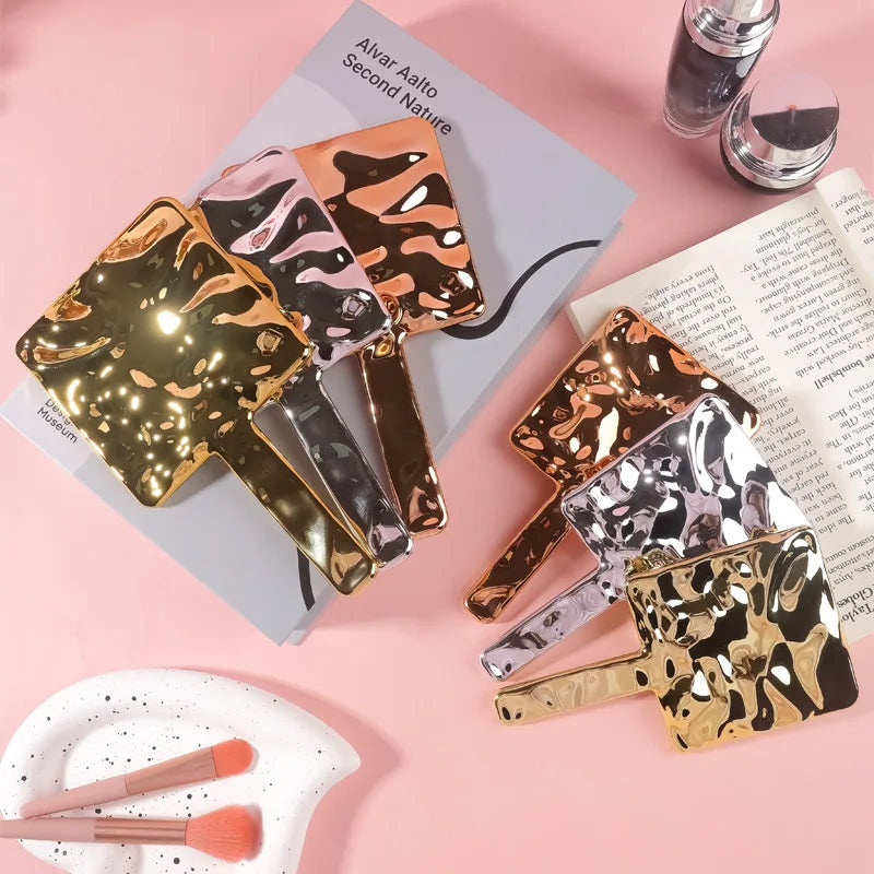Zonyin Wholesale Square Electroplated Cosmetic Mirror Water Ripples Handheld Silver Pocket Makeup Mirror with Customized logo