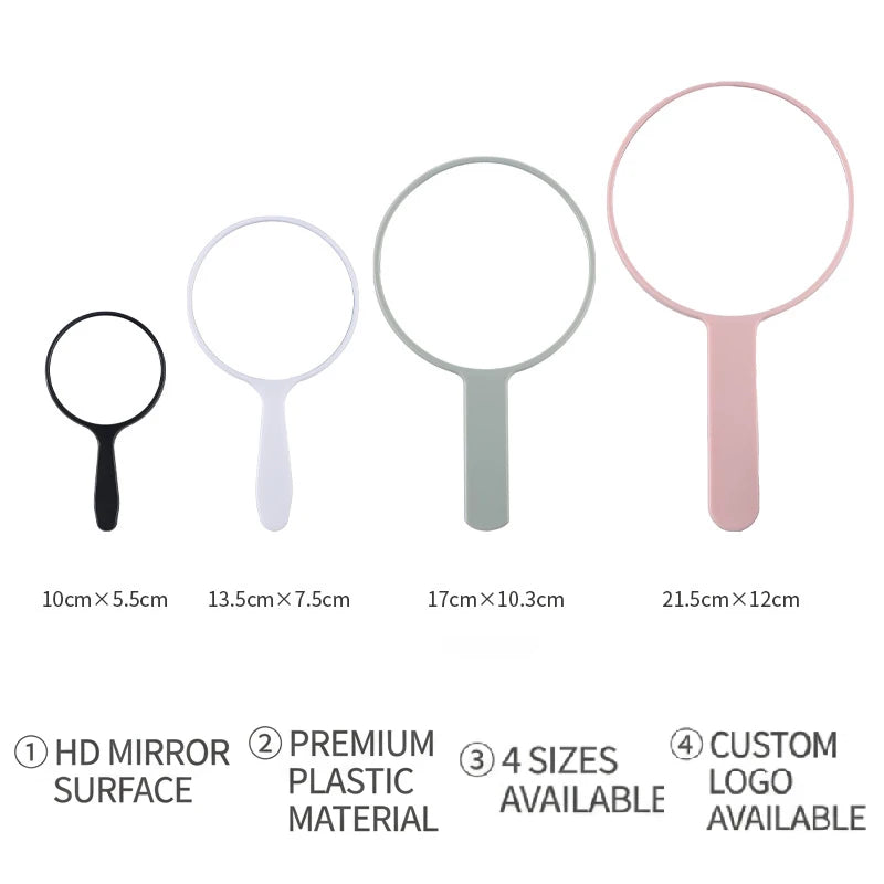 Zonyin Personalized Custom Logo Plastic Round Handle Makeup Mirror Portable Travel HandHeld Mirrors With Custom Size Color