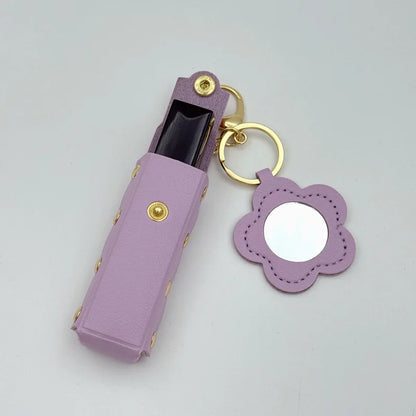 Zonyin PU Leather Flower Shaped Portable Mini Makeup Mirror With Lipstick Holder for Women Cosmetic Mirror Keychain  Accessories