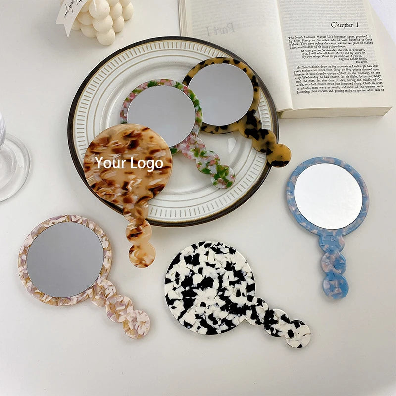 Zonyin High Quality Round Simple Design Acetate Travel HandHeld Makeup Mirror Portable Hand Held Pocket Handle Make-up Mirror
