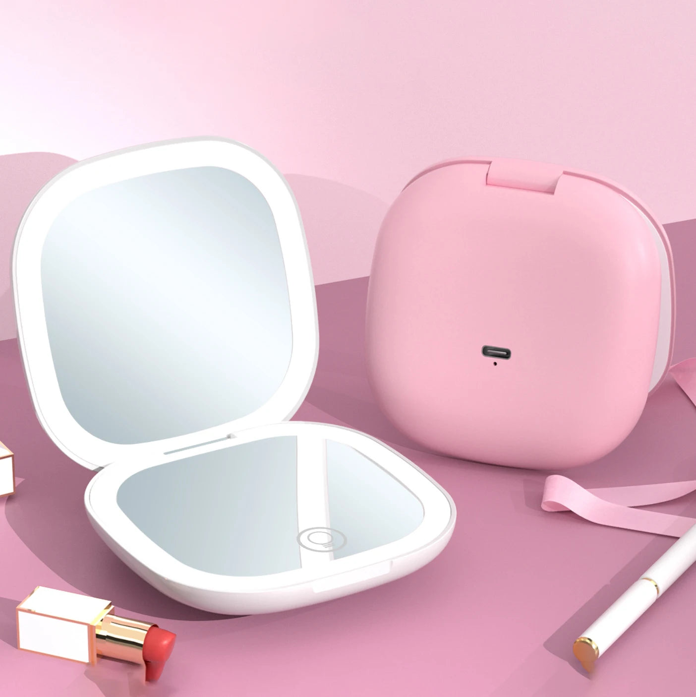 Zonyin Rechargeable Compact Makeup Mirror Dual-Sided LED Lights 5X Magnification Portable Cosmetic Mirror with Square Design