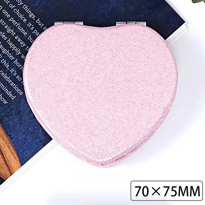 Zonyin Cute Portable Round PU Leather Folding Mirror Shiny Heart Shape 2X Double Sided Pu Pocket Makeup Mirror with Custom Logo