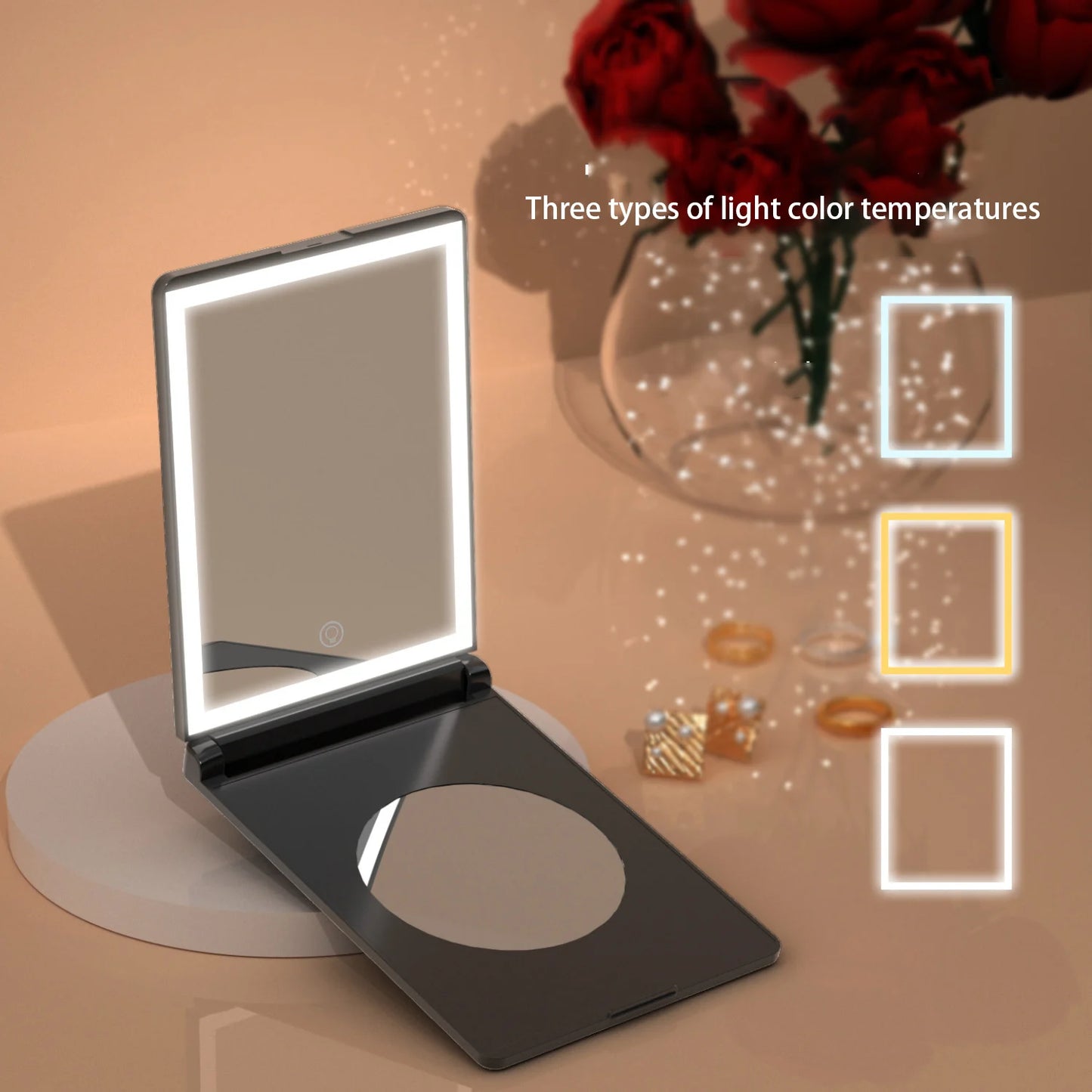 Zonyin New Rechargeable Folding Travel LED Compact Makeup Mirror With 3X Magnifying Portable Tabletop Cosmetic Mirror for Travel