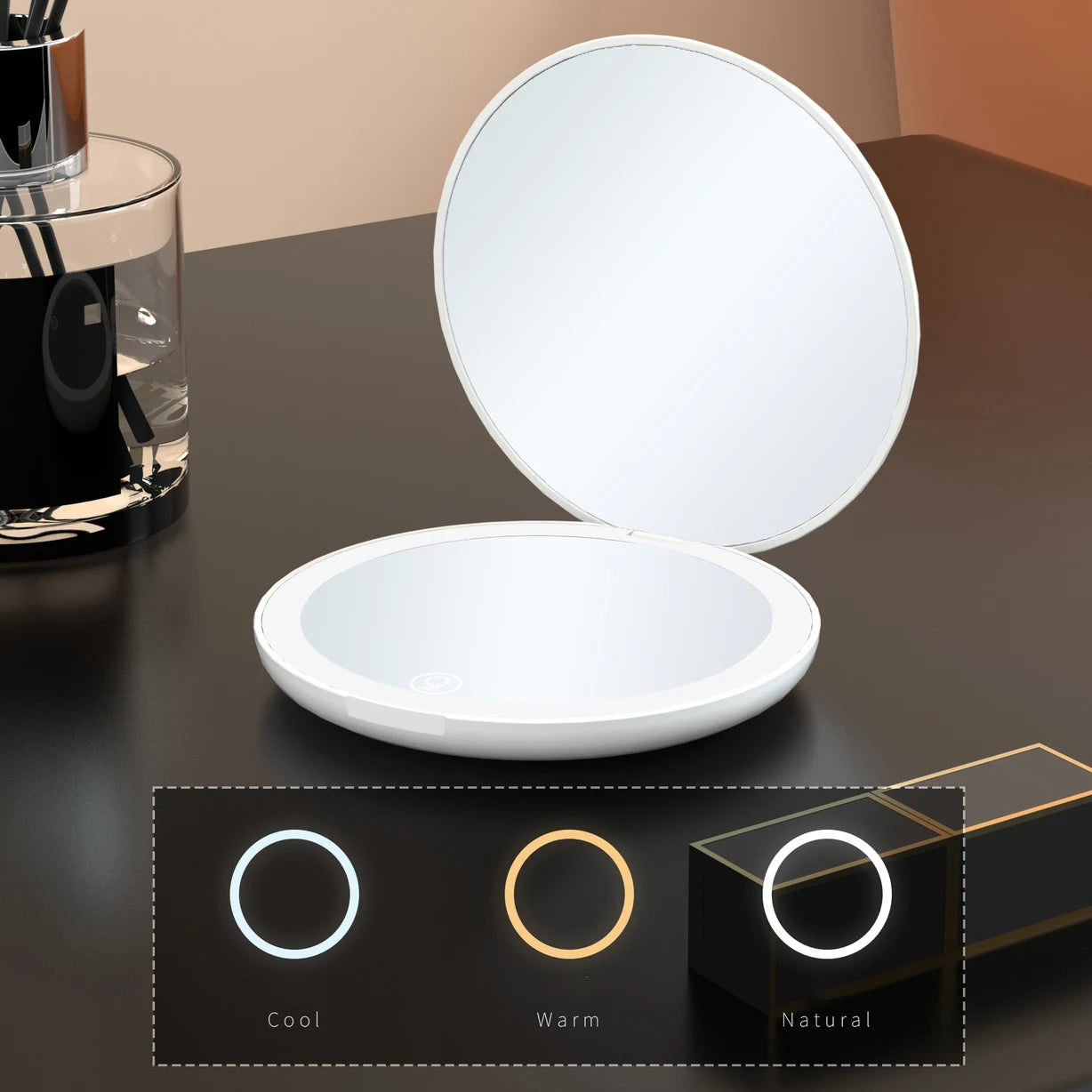 Zonyin Custom Logo Light LED Travel Makeup Mirror Compact Folding Handheld Magnifying Cosmetic Vanity Mirror Pocket Mini Size
