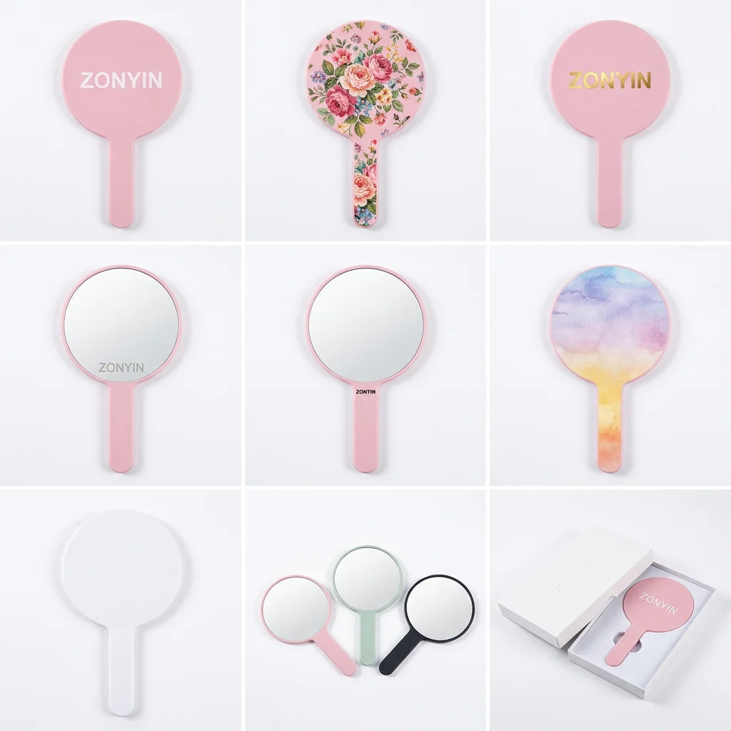 Zonyin Personalized Custom Logo Plastic Round Handle Makeup Mirror Portable Travel HandHeld Mirrors With Custom Size Color