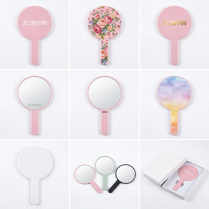 Zonyin Personalized Custom Logo Plastic Round Handle Makeup Mirror Portable Travel HandHeld Mirrors With Custom Size Color