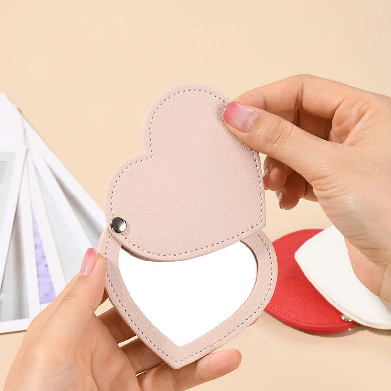 Zonyin Cute Red Heart Pu Leather HD Glass Pocket Makeup Mirror Custom Logo Portable Travel Mini Cosmetic Mirrors for Women Girls