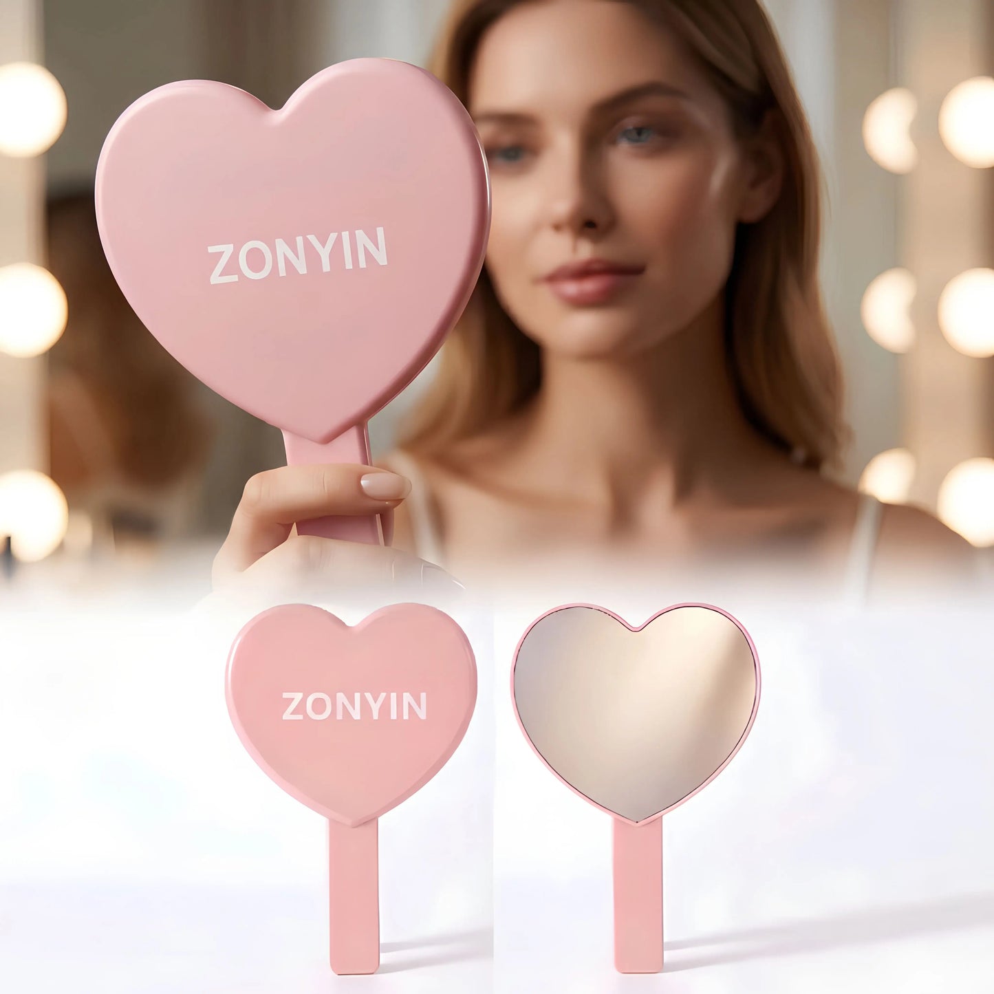 Zonyin Heart Shape Hand Cosmetic Mirror Custom logo Plastic Portable Handheld Makeup Mirror Promotional Business Gift
