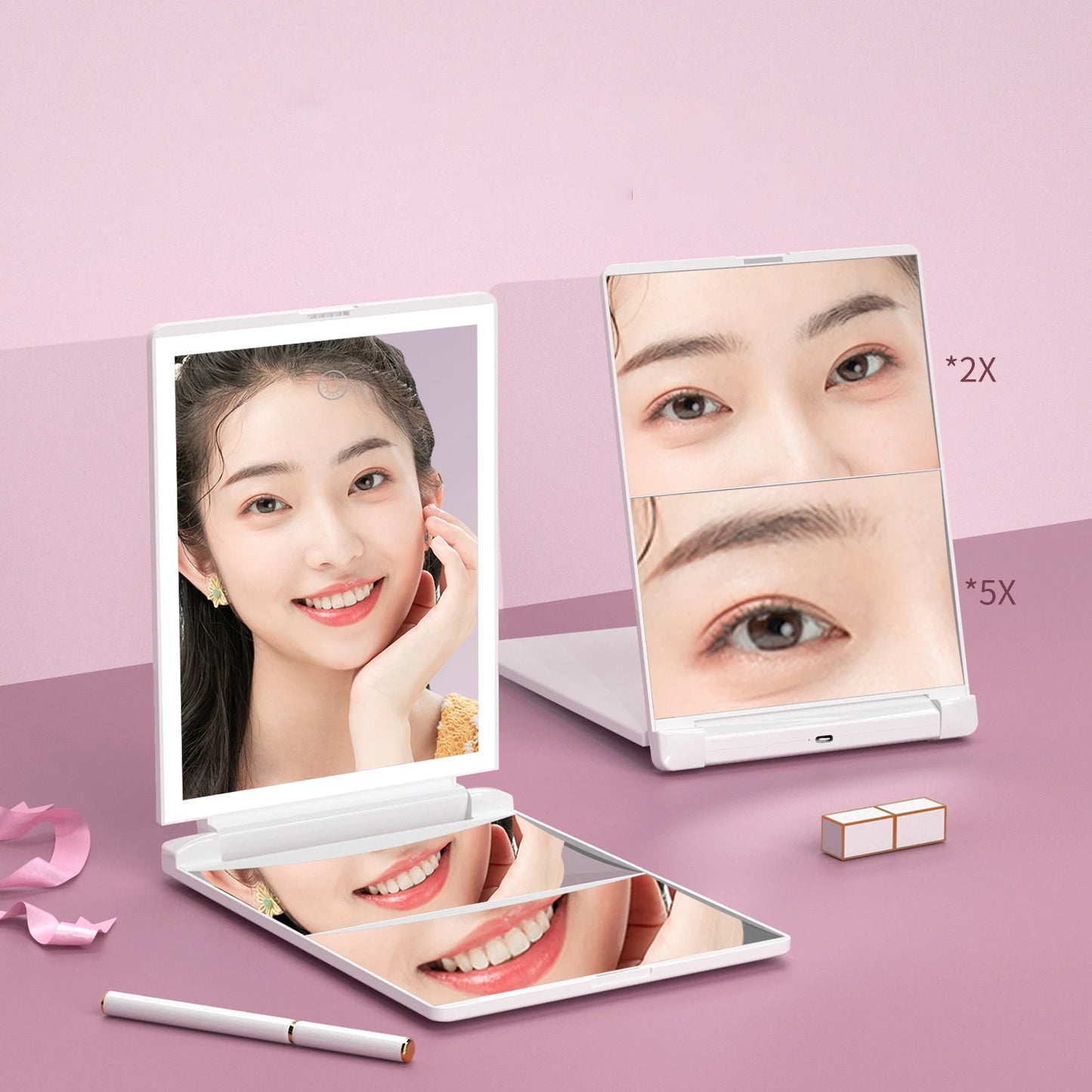 Zonyin Portable Led Light Mirror Travel Desktop Makeup Mirror Cosmetic Compact 1X 2X 5X Magnifying Table Mirror with Led Light