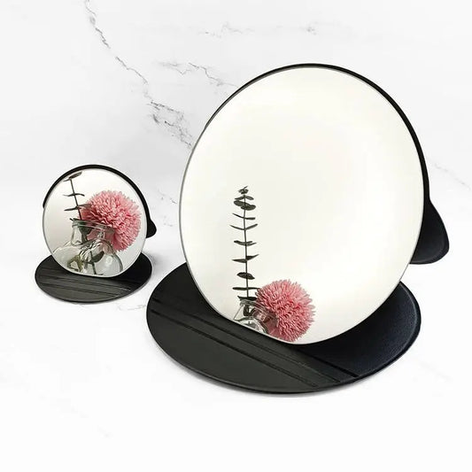 Zonyin Extra Large Round Black Pu Leather Desktop Standing Mirror Customized Your Logo Folding Super Big Makeup Vanity Mirror