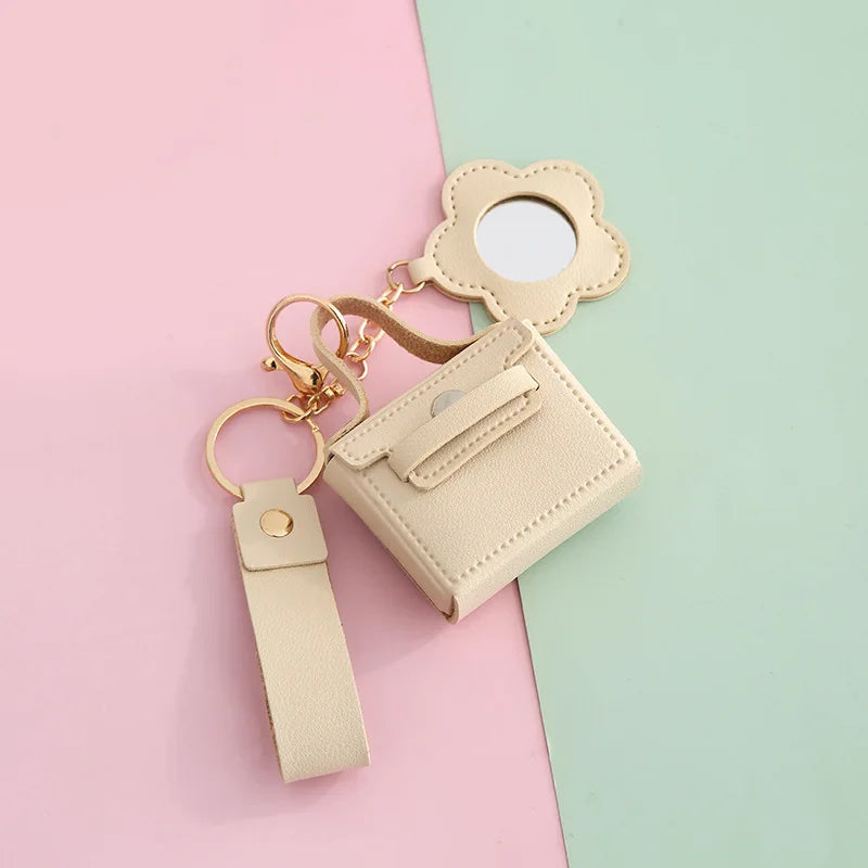 Zonyin PU Leather Mini Bag Storage with Flower Shape  Makeup Mirror Earphone Bag Keychain Pendant