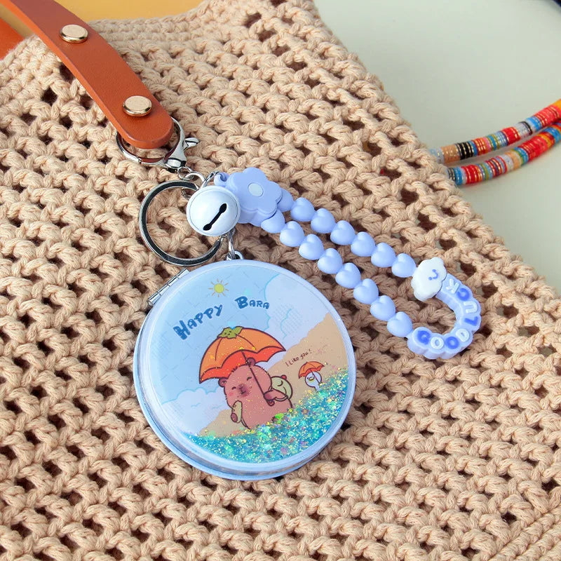 Zonyin Round Quicksand Folding Compact Mirror Portable Cute Capybara Hanging Rope Makeup Mirror Bag Pendant