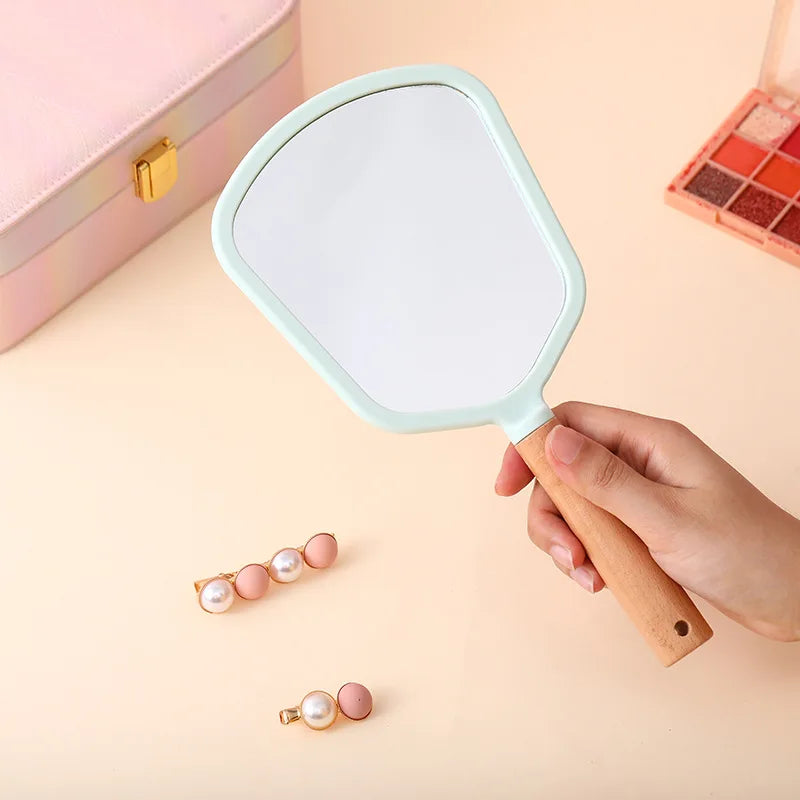 Zonyin Portable Personalized Plastic Round Square Heart Shape Handheld Wood Handle Makeup Mirror Pocket Hand Mirror for Beauty