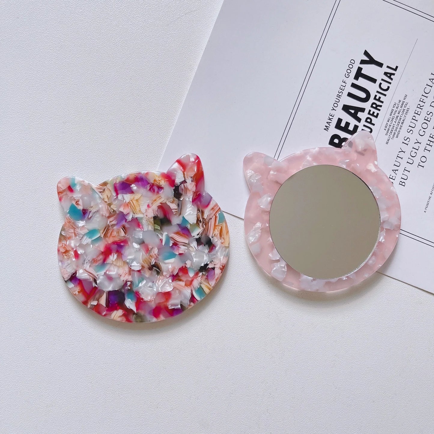 Zonyin Private Label Cat-Shape Travel Cosmetic Mirror Custom logo Acetate Small Pocket Mirror for Makeup Promotional Gift