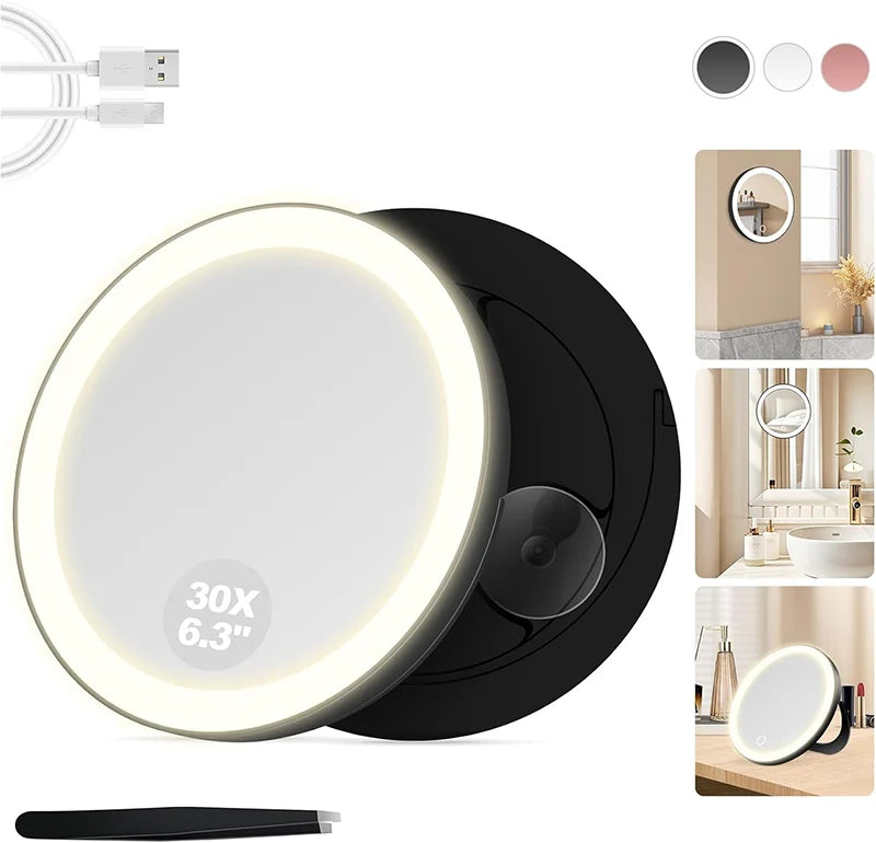 Zonyin Single Side 5X/10X Magnifying LED Light Round Cosmetic Mirror with 3 Suction Cups Personalized Wall Mounted Foldable