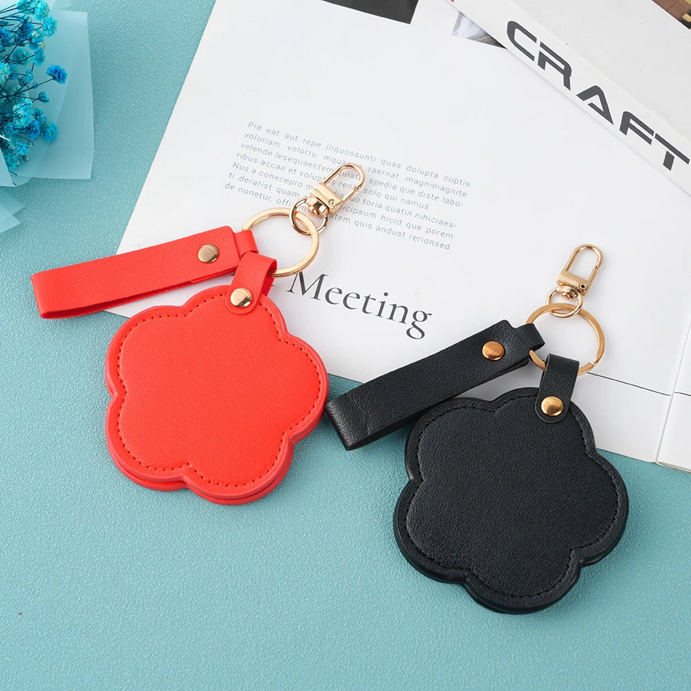 Zonyin New Flower Design Pocket Makeup Mirror Portable Pu Leather Small Travel Hand Mirror Logo Custom With Metal Keychain