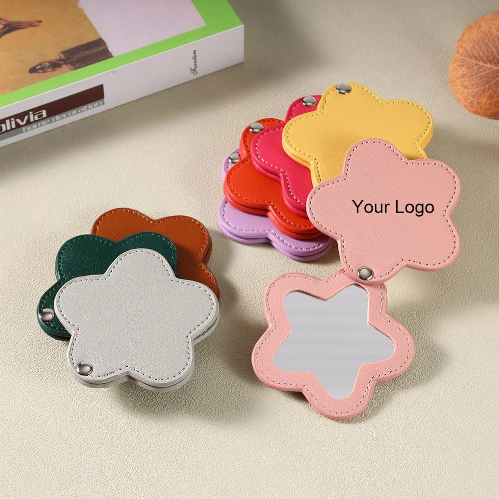Zonyin Portable Gold Shiny Star-Shaped Compact Mirror Custom Silver Pu Leather Small Travel Cosmetic Mirrors with Private Logo