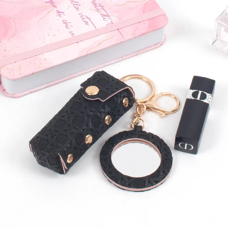 Zonyin New Arrive Pu Leather Small Makeup Mirror Mini Portable Leather Lipstick Holder Keychain for Women's Handbag Accessory