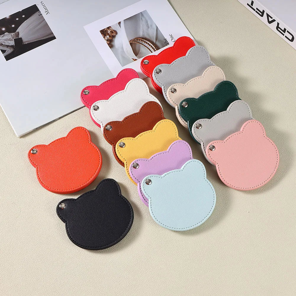 Zonyin Customized Personalized Logo Pu Leather Glass Mirror Lovely Black Bear Shaped Pocket Makeup Mirrors for Travel