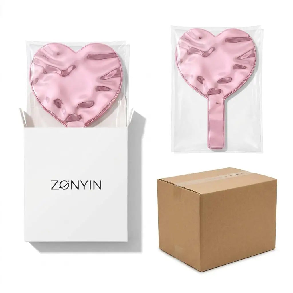 Zonyin Wholesale pink Heart Shape Handheld Makeup Mirror Portable Plating Water Ripple Vanity Cosmetic Mirror for Girl Custom