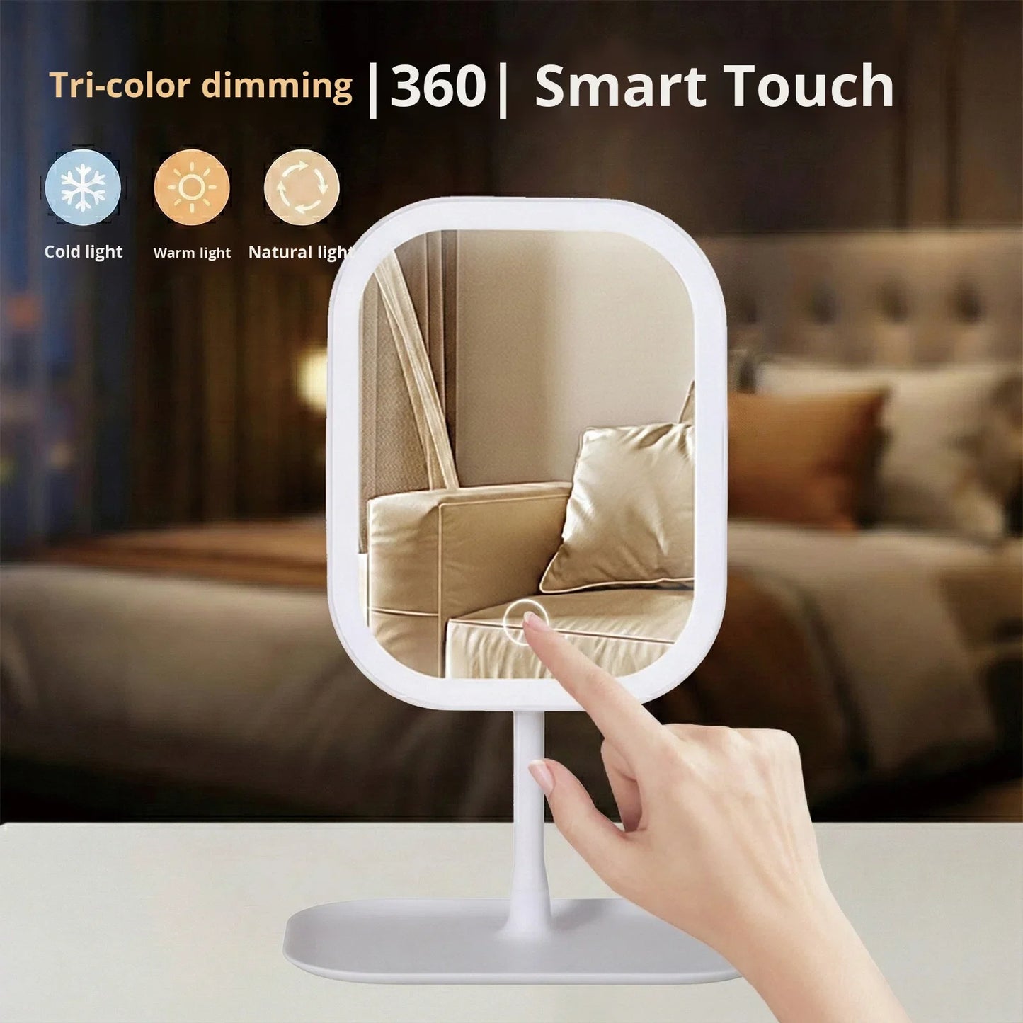 Zonyin LED Makeup Mirror with Light Touch Control Rechargeable Cosmetic Mirror Portable ABS Desktop Mirror for Travel and Home