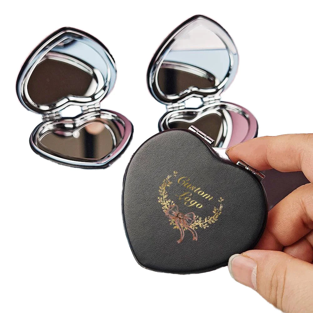 Zonyin Wholesale Private Label Heart Shape Pocket Mirror Double-Side Pu Portable Compact Travel Size Cosmetic Heart Mirror