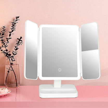 Zonyin Rechargeable Plastic Led Light Compact 3 Fold Desktop Cosmetic Mirror 3x Magnifying Portable Travel Makeup Mirror