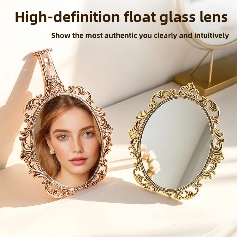 Zonyin European Vintage Carved Handheld Makeup Mirror High-Definition Glass Portable Vanity Mirror, Electroplated Hand Mirror