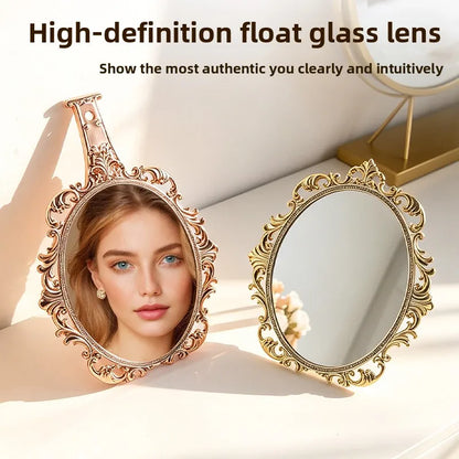 Zonyin European Vintage Carved Handheld Makeup Mirror High-Definition Glass Portable Vanity Mirror, Electroplated Hand Mirror