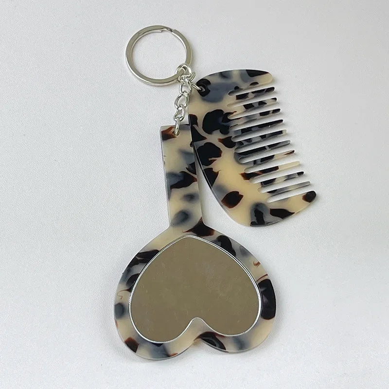 Zonyin 2in1Comb Mirror Set Multiple Colors Acetate Mini Heart Mirror Leopard Keychain Makeup Mirror Bag Pendant Accessories