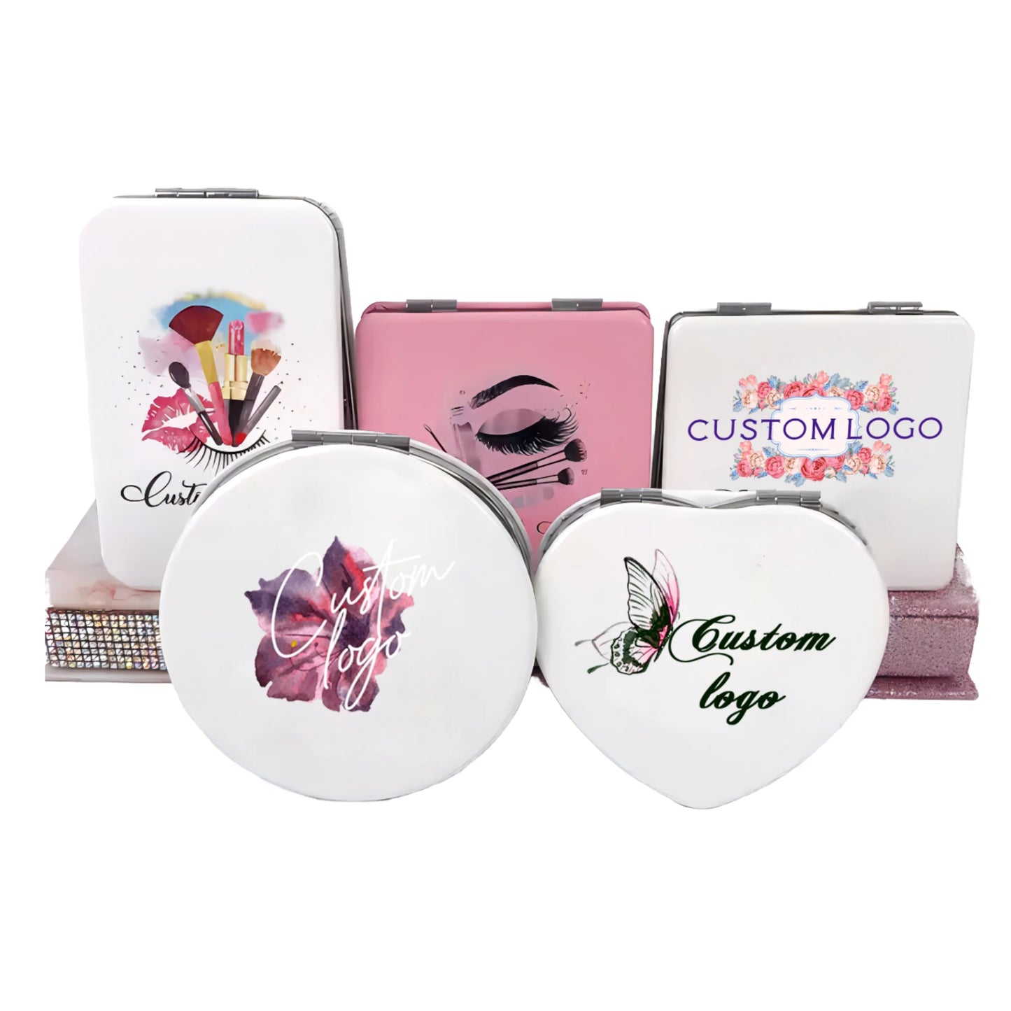 Zonyin Wholesale Hand Mirror Square Cosmetic Makeup Vanity Mirror Double Side Folding Pocket Heart Design Compact Mirror Custom